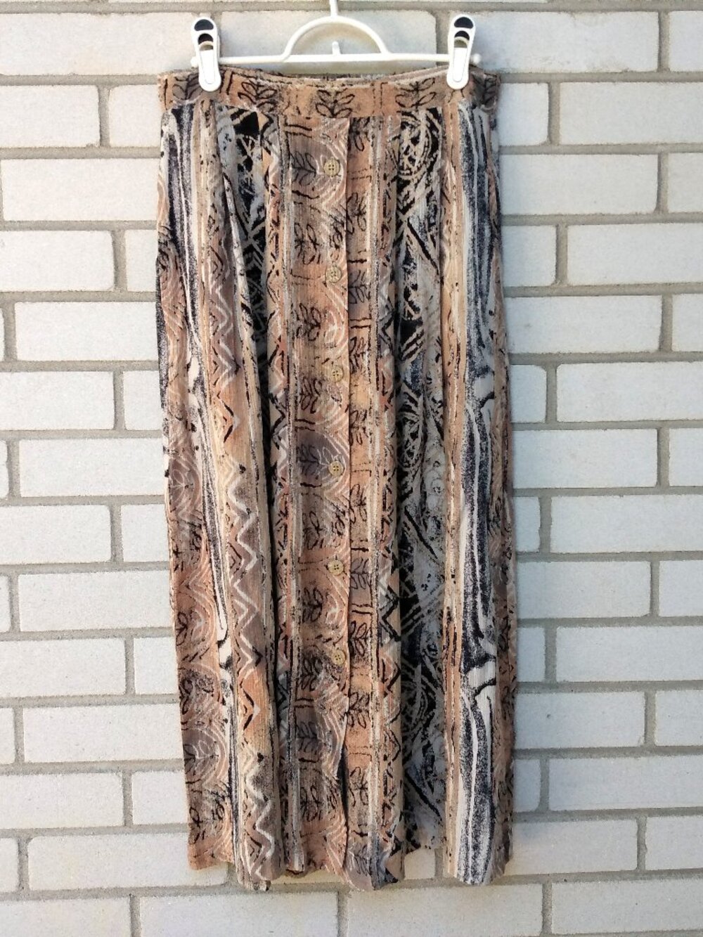 Vintage 90s Boho Crinkle Skirt Ethnic Leaf Natural Tones Size Medium Lindor
